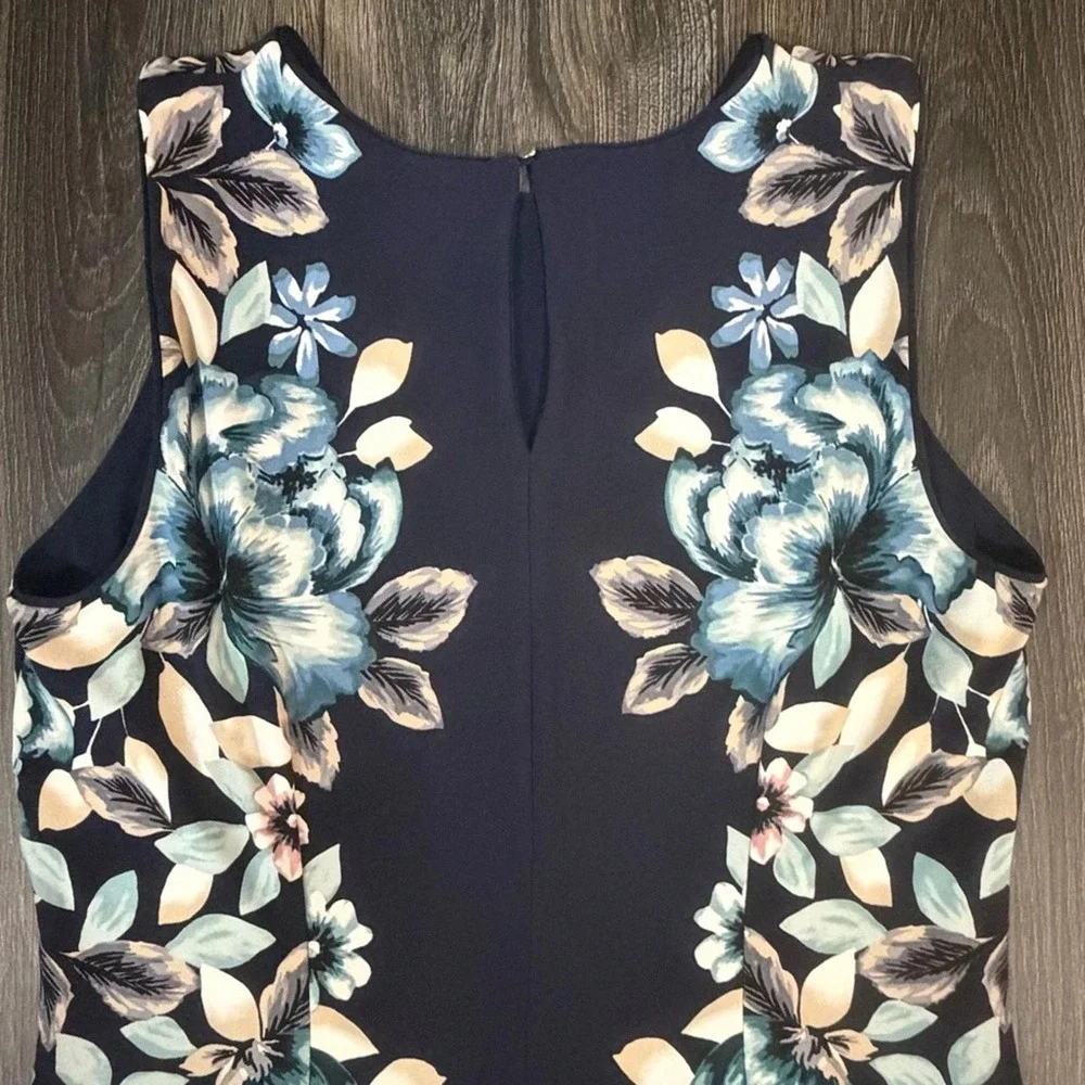 White‎ House Black Market Floral Sheath Dress Navy Blue LP Petite Wedding Guest - Picture 6 of 16